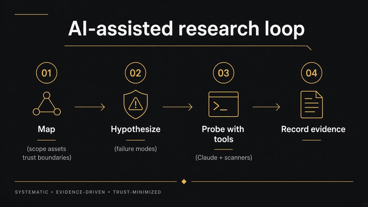 AI-assisted cybersecurity research loop: Map, Hypothesize, Probe with Claude and tools, Record evidence